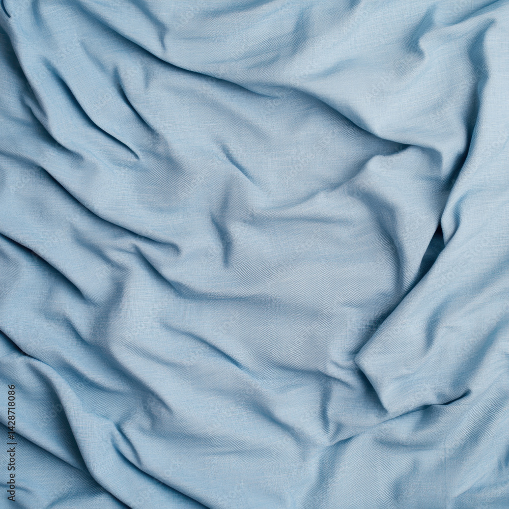 Fototapeta premium Soft light blue bed sheet fabric texture creates calming and serene atmosphere, perfect for enhancing any bedroom decor. gentle folds add depth and elegance to design