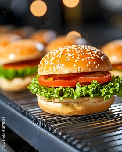 Wallpaper Mural Sesame seed buns, lettuce, tomato, and sauce on a conveyor belt Torontodigital.ca