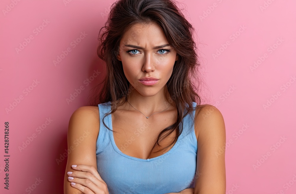 A beautiful woman with long brown hair and blue eyes, wearing light pink lipstick, frowns in front of the camera against a pastel pink background. A beautiful woman with long brown hair and blue eyes, wearing light pink lipstick, frowns in front of the camera against a pastel pink background.