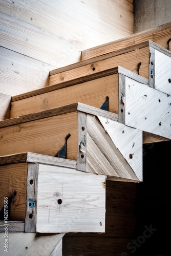 Rustic wooden staircase with exposed joints and metal brackets in modern architecture design