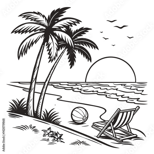 Tropical beach sunset, black and white sketch, palm trees silhouette, andiron deck chair, beach ball
