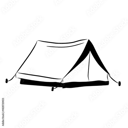 tourist tent on white background, black and white icon camp, adventure