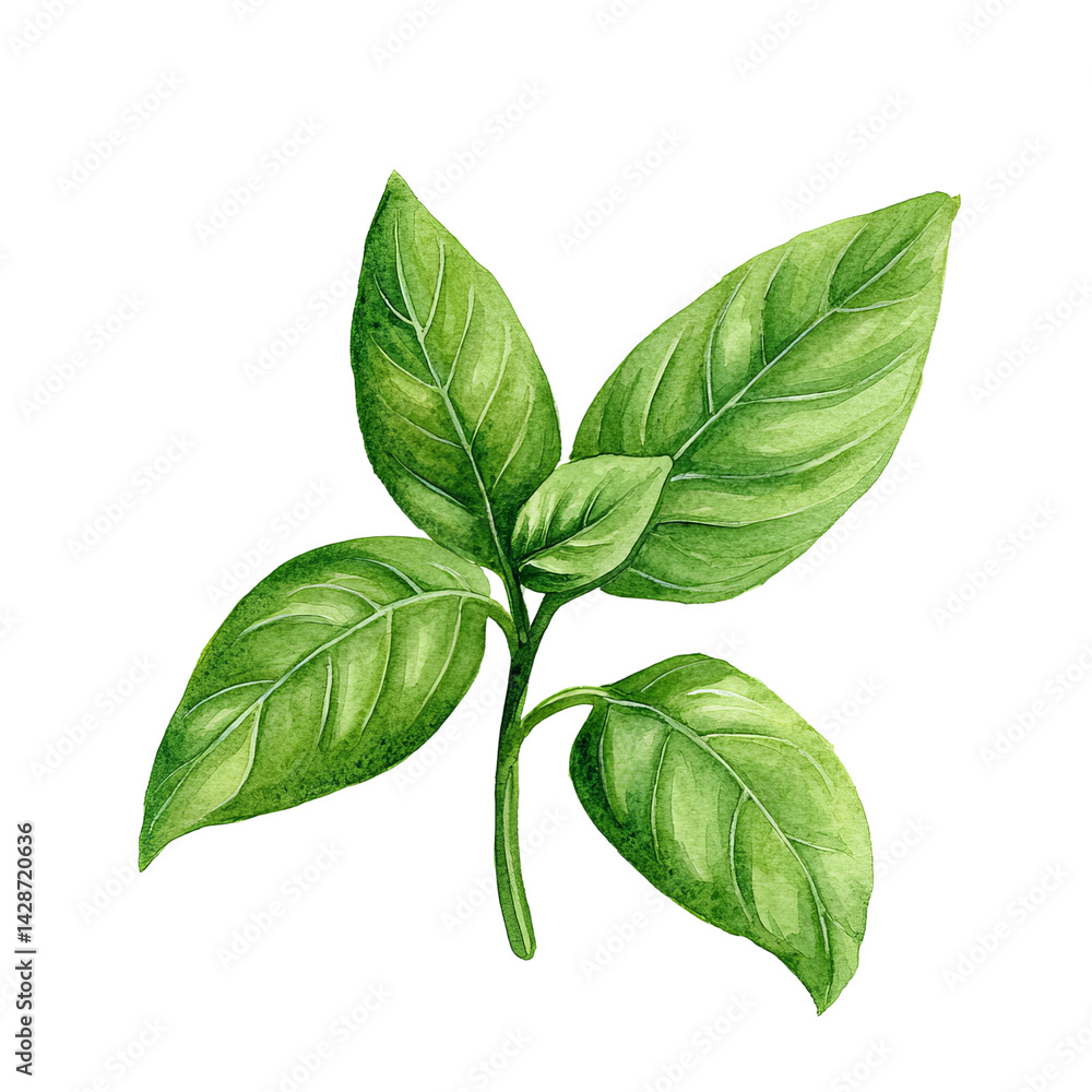 Fototapeta premium Basil's Botanical Brilliance: An elegant watercolor illustration, with focus on Basil, capturing the essence of freshness and natural vibrancy.