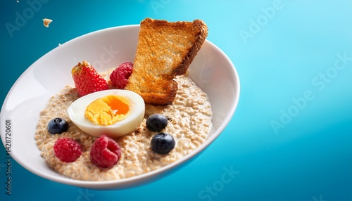 fresh delicious breakfast with soft boiled egg crispy toasts and cup coffee or tea on blue background levitation food concept vintage retro styleoatmeal with fresh berries in white bowl and silhoue