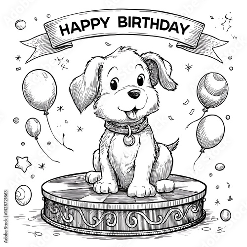Adorable Puppy on a Pedestal with Balloons Celebrating a Happy Birthday