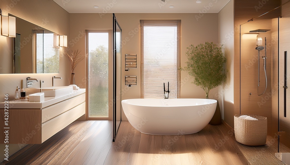 expansive shower area standalone faucet square mirror vanity shelf sink dual lights and an oval white porcelain bathtub characterize the beige bathroom with parquet flooring a design for a m expansive shower area standalone faucet square mirror vanity shelf sink dual lights and an oval white porcelain bathtub characterize the beige bathroom with parquet flooring a design for a m