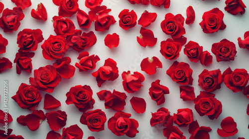 Beautiful red roses and petals scattered across white surface create romantic and vibrant atmosphere, perfect for expressing love and affection