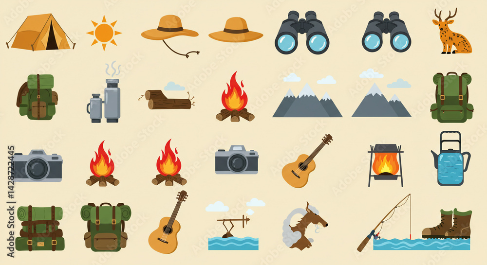 Naklejka premium A collection of camping and outdoor themed icons arranged on a light beige background surface area