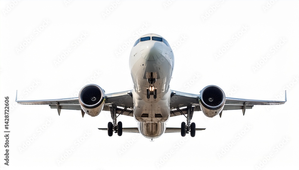 Fototapeta premium front view of a commercial airplane in flight showcasing aerodynamic design and powerful jet engines isolated on white background
