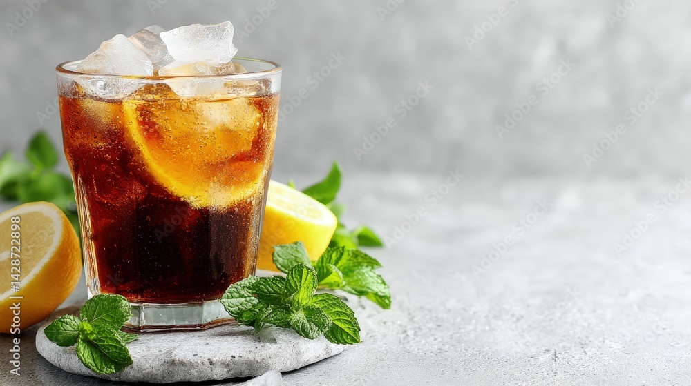 Refreshing iced cola with lemon slices and mint leaves on stone coaster, ideal for beverage branding, summer promotions, and drink menu backgrounds Refreshing iced cola with lemon slices and mint leaves on stone coaster, ideal for beverage branding, summer promotions, and drink menu backgrounds