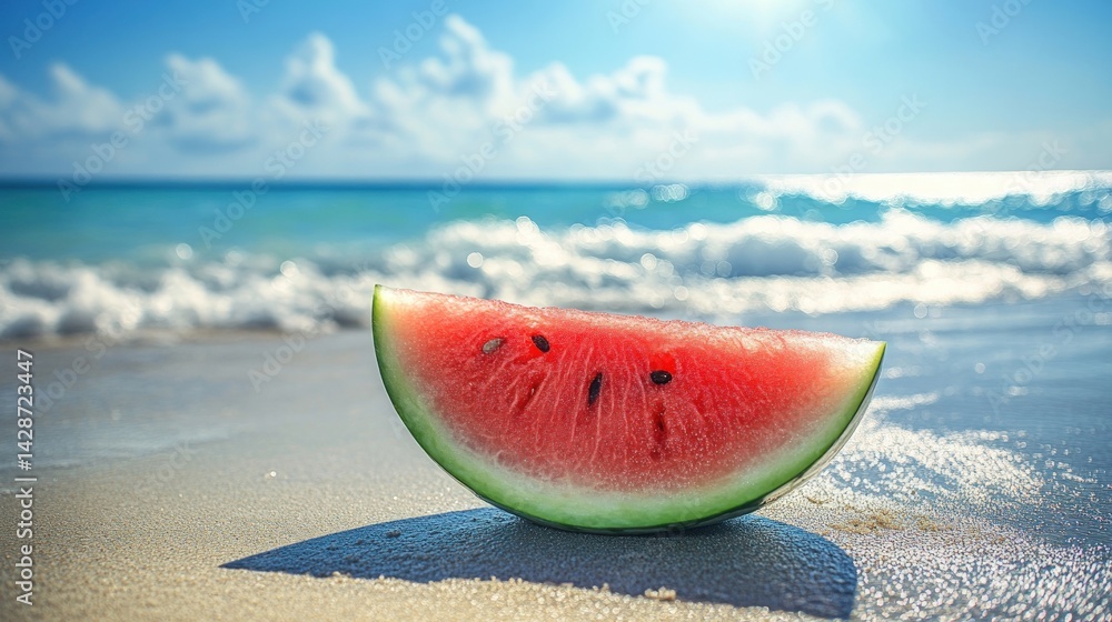 Watermelon slice on sandy beach, summer vibes Watermelon slice on sandy beach, summer vibes