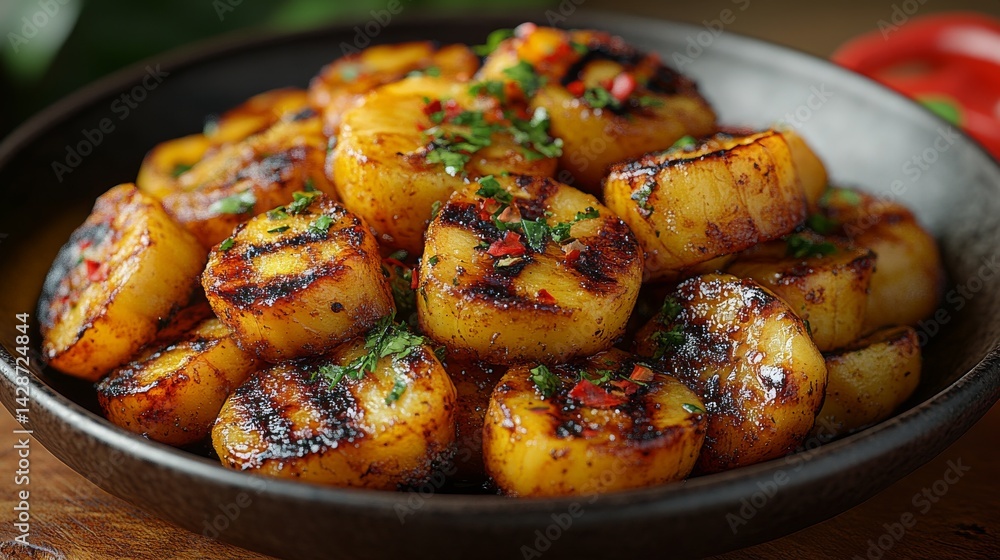 Grilled plantain slices in a dark bowl, seasoned with herbs and spices. Grilled plantain slices in a dark bowl, seasoned with herbs and spices.