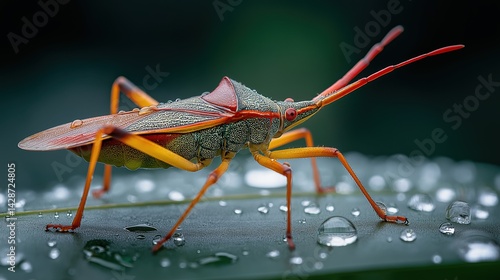 Wallpaper Mural Close-up of a colorful insect with water droplets on its body, perched on a leaf with dew. Torontodigital.ca