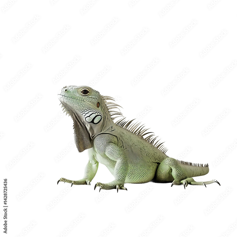 Green Iguana in Profile: A detailed, professional capture of a vibrant green iguana, showcasing its textured skin and distinctive profile against a clear backdrop. Green Iguana in Profile: A detailed, professional capture of a vibrant green iguana, showcasing its textured skin and distinctive profile against a clear backdrop.
