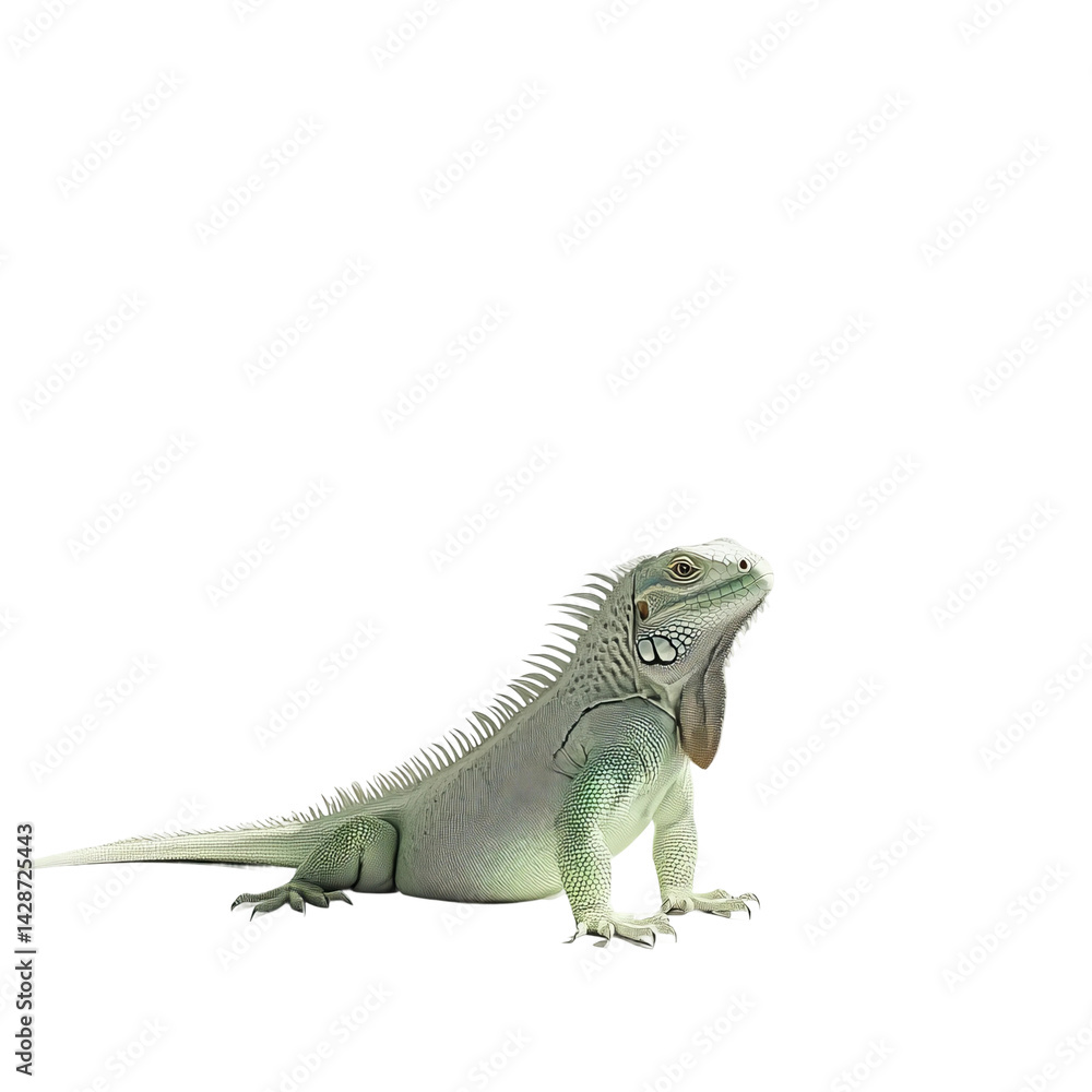 Obraz premium Regal Reptile Portrait: A single, vibrant green iguana commands attention with its unique textures and striking posture, perfect for showcasing the beauty of reptile.