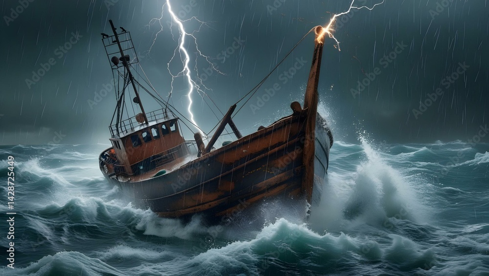 Obraz premium Weathered Fishing Boat with Rusty Machinery and Rain