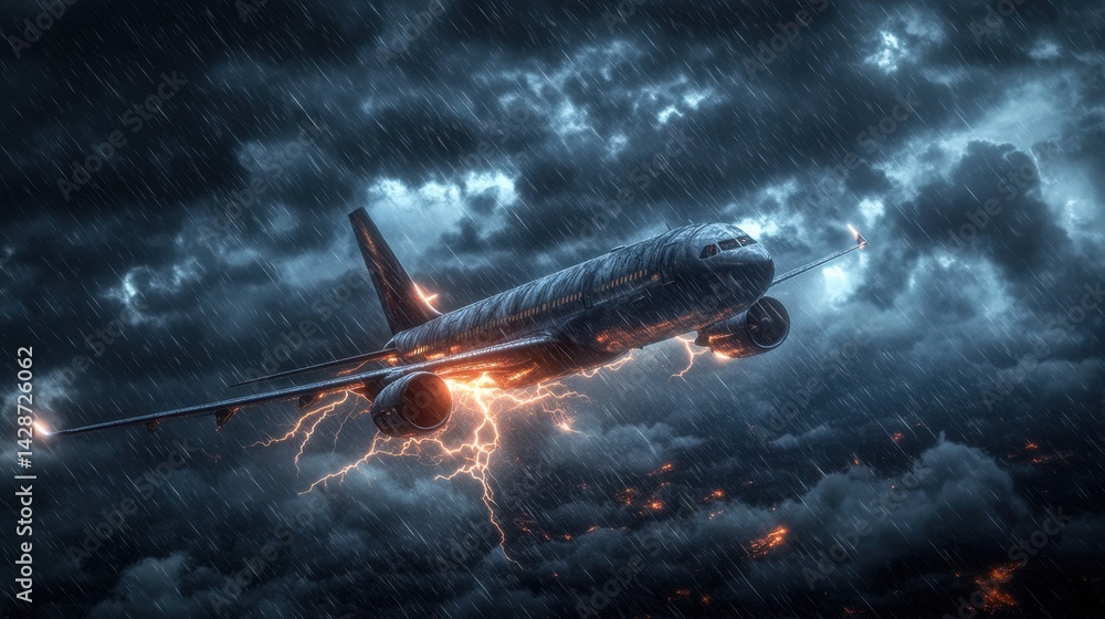 Fototapeta premium Airplane soaring through a stormy sky, illuminated by dramatic lightning.