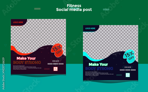 Fitness gym social media post square banner template for fitness studio promotion. Set of Social media ads vector templates fully editable, advertising design, social media banner post template 