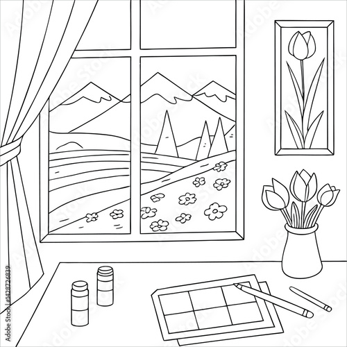 Living room drawing for kids and adults coloring page