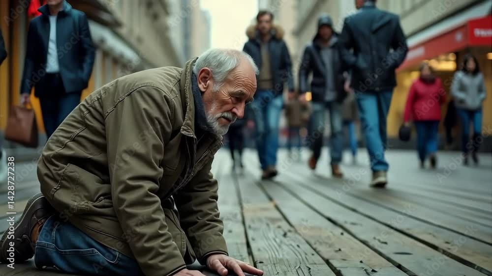 homeless man on the ground between people walking on the street homeless man on the ground between people walking on the street