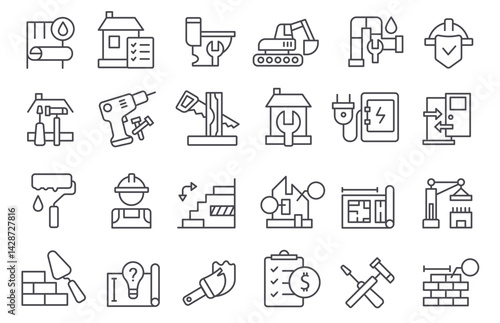 Renovation line icons. Safety work, real estate, contractor building repair concepts, house renovating tools, construction maintenance service, worker labor insurance. Vector set