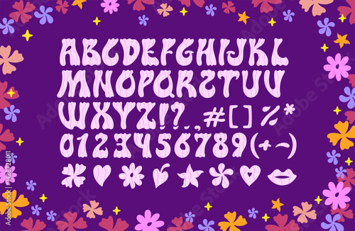 Groovy font. Hippie retro piece psychedelic typeface, 1960s and 1970s funky hippy lettering, colorful rounded alphabet for poster banner design. Vector hippie font glyphs