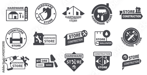 Building tool logo. Home repair hardware store, DIY instruments and renovation tools, handyman repairman house maintenance equipment, construction store emblem. Vector set