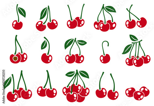 Cherry icon. Red cherries logo, ripe sweet cherry fruits with leaves, simple flat berry silhouettes clipart, natural organic dessert ingredient elements. Vector isolated set
