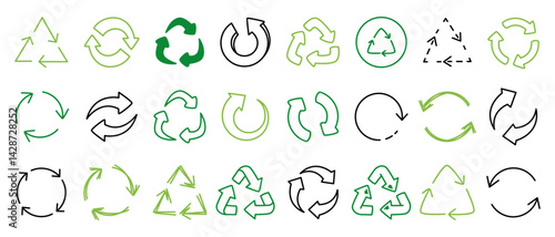 Doodle recycle icons. Reuse sketch arrows circular shapes, recycling elements logo design, eco environmental protection recyclable symbols, zero waste. Vector ecological set