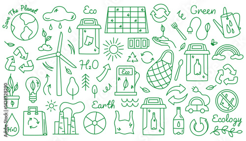 Doodle eco icons. Recycle green renewable energy sketch and ecology care symbols, green energy efficiency and waste recycling eco signs. Vector ecological set