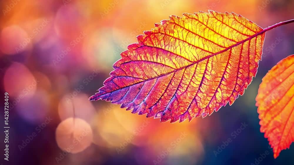 Vibrant close up of colorful autumn leaf reveals intricate textures and details, illuminated by warm sunlight and soft bokeh, celebrating beauty of nature. Vibrant close up of colorful autumn leaf reveals intricate textures and details, illuminated by warm sunlight and soft bokeh, celebrating beauty of nature.