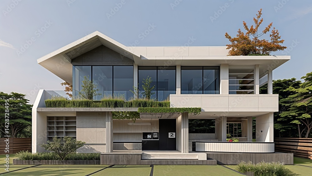Fototapeta premium Modern facade angular architecture blends glass greenery under blue sky