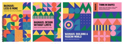 Geometric memphis poster. Abstract minimal bauhaus pattern with simple circle square geometric shapes, modern geometry Scandinavian cover design. Vector abstraction backgrounds set