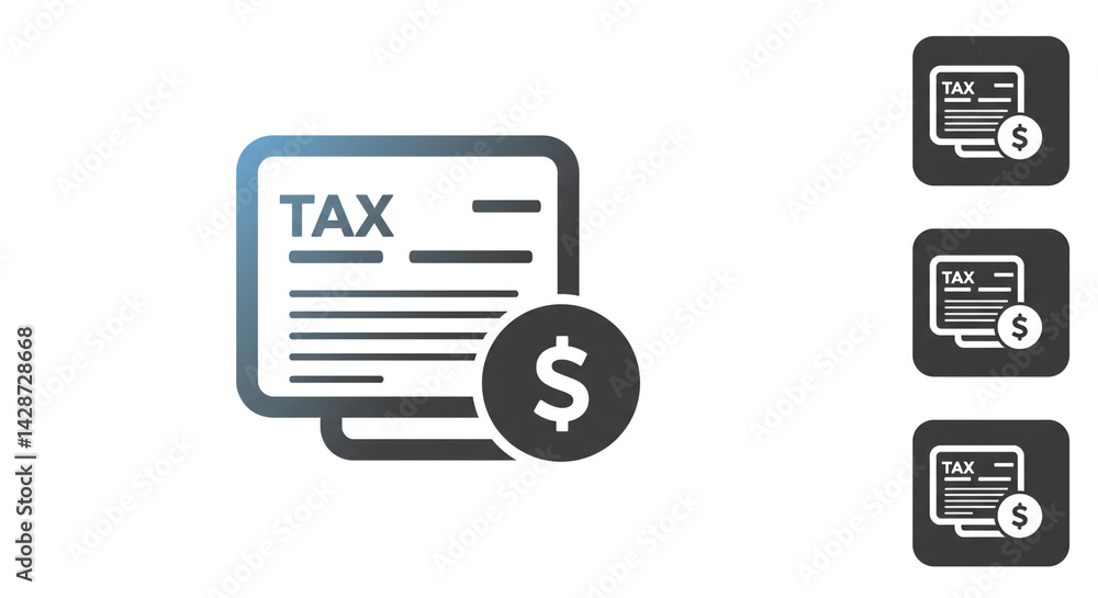 Illustration of a tax document with a dollar sign on it, also shown in smaller square icons to the side Illustration of a tax document with a dollar sign on it, also shown in smaller square icons to the side