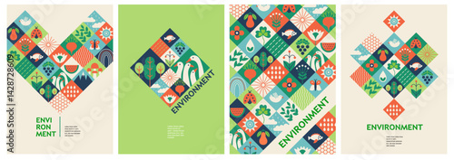 Environment posters. Bauhaus ecology banners with abstract eco nature landscape pattern, cover design Earth day save planet eco friendly concept. Vector environmental set
