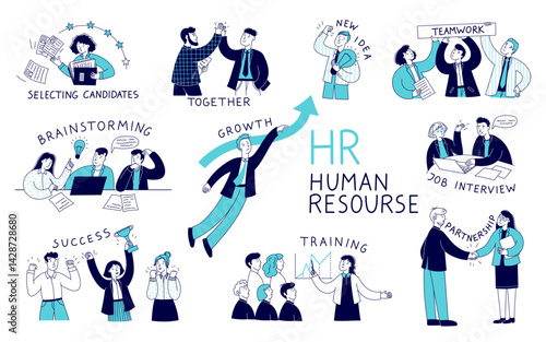 Doodle human resources. Business people team and employee HR recruitment, businessman work career growth and persons skills development concept. Vector human line set
