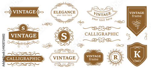 Calligraphic vintage logo. Ornamental ribbon banner, decorative calligraph monogram element, label with flourishes and swirls ornament frame, decorated wedding logos. Vector set