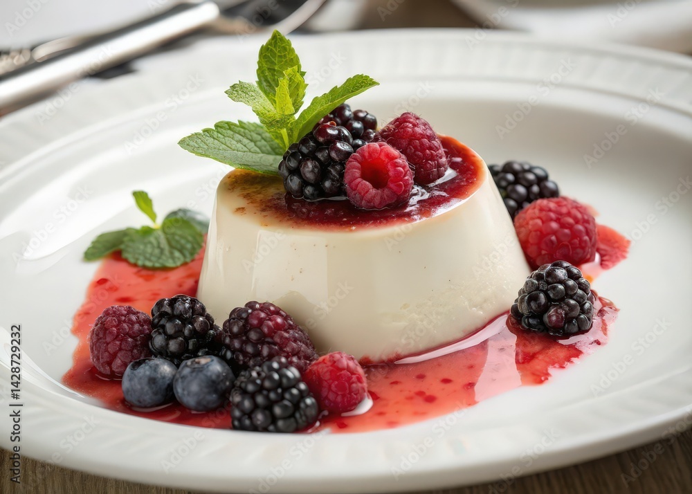 dessert plate with creamy white gelato topped with fresh berries and mint leaves. dessert plate with creamy white gelato topped with fresh berries and mint leaves.