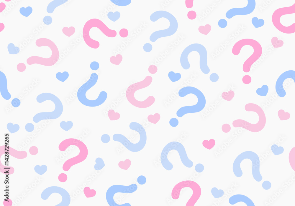 Seamless pattern. Gender party blue and pink background for a gender reveal theme, perfect for baby shower invitations, announcements, or creative party designs. Question mark background Seamless pattern. Gender party blue and pink background for a gender reveal theme, perfect for baby shower invitations, announcements, or creative party designs. Question mark background
