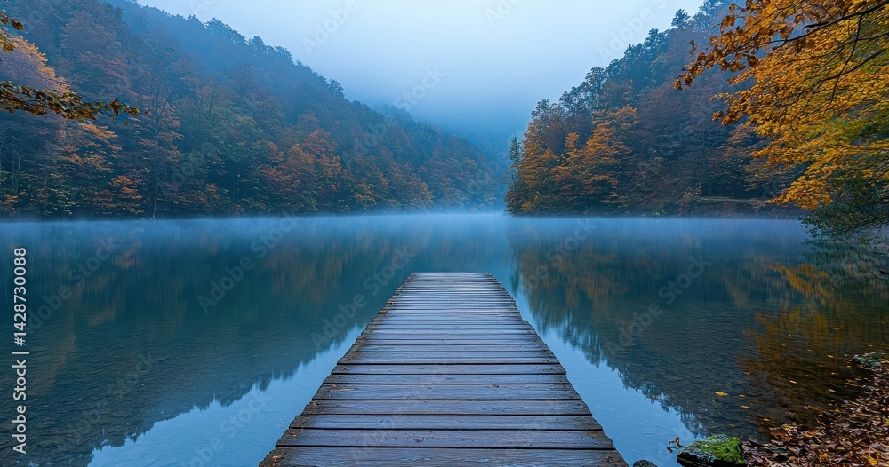 Serene lake view with a wooden pier and foggy forest Serene lake view with a wooden pier and foggy forest