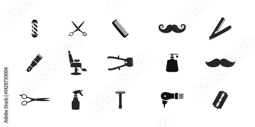 Set of barbershop utensils icon. Hair salon icons, Hairstylist vector icons set. Contain symbol of clipper, barber pole, comb, razor blade, chair, sprayer, shampoo, hair dryer, brush, and more.