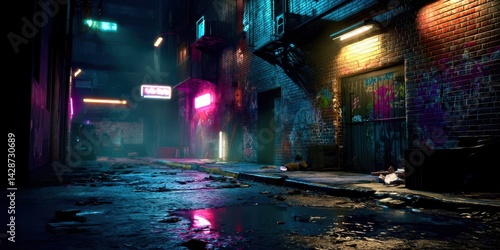 A neon sign is lit up in the middle of a dark alleyway