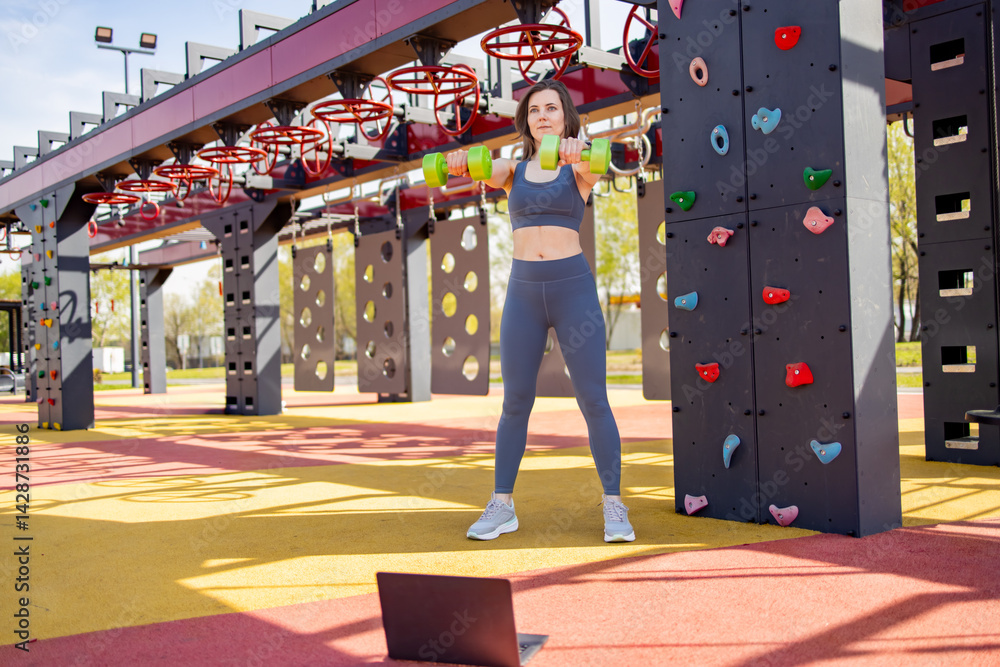 Obraz premium a young woman in sports clothes who is working out with dumbbells against the background of sports equipment. Conducts an online workout in the fresh air.There's a laptop on the floor.