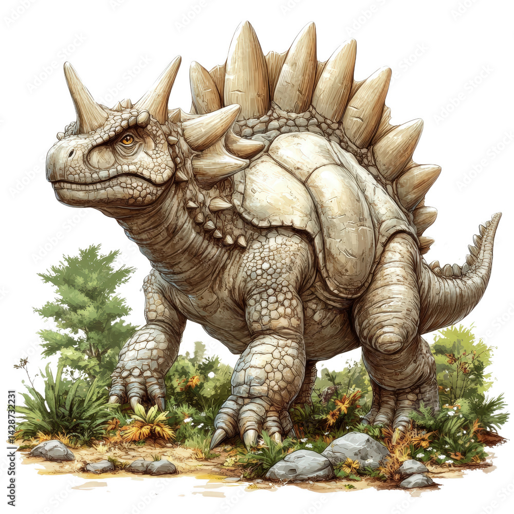 Fototapeta premium Ancient Armored Stegosaurus: A majestic depiction of a Stegosaurus, with its iconic plated back and spiky tail, brought to life in a stunning artistic illustration.