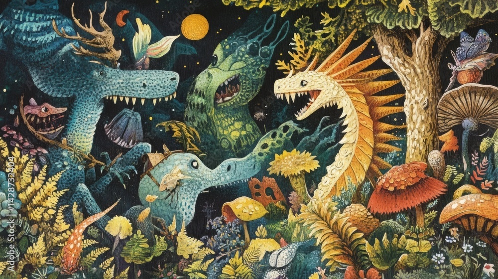 Obraz premium Fantastical Dragons Gathering in a Magical Forest Illustration