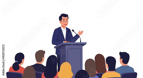 Man giving a public speech at a podium while an audience listens attentively