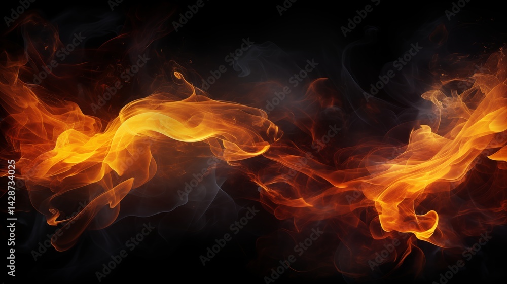Fototapeta premium Orange flames and dark smoke on black background