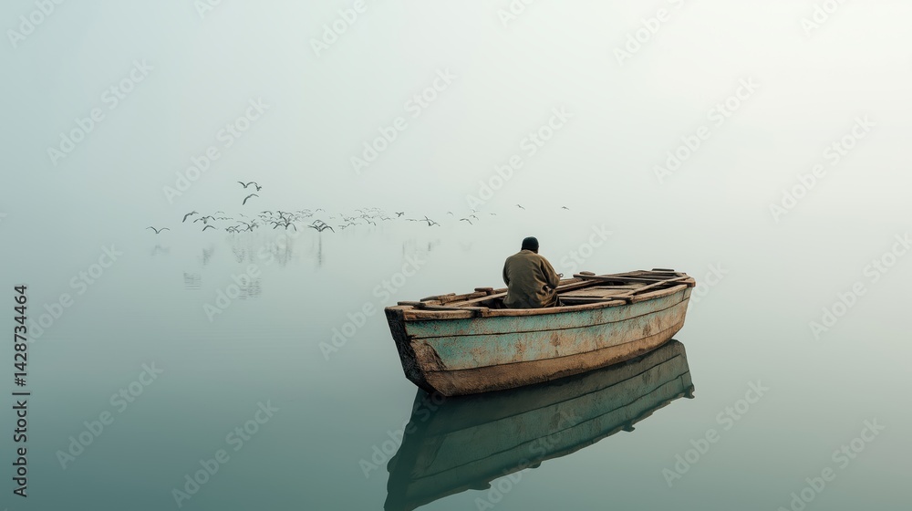 A person sits alone in an old wooden boat on a calm, misty lake surrounded by a flock of birds.