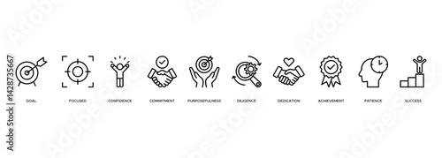Perseverance web banner icon vector illustration concept consists of goal, focused, confidence, commitment, purposefulness, diligence, dedication, achievement icon