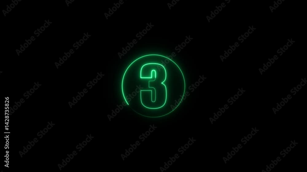 colorful glowing neon 3 text icon animation. Square rectangle picture circle with one tone neon color motion graphic on isolated black a background.